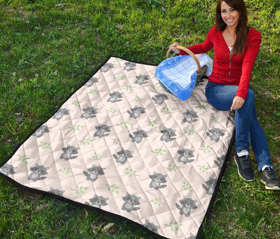 Cute Raccoons Leaves Pattern Premium Quilt