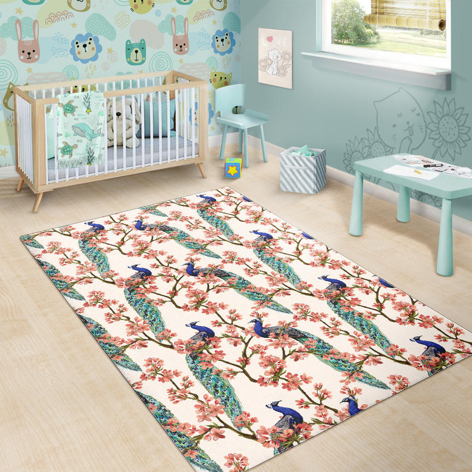 Peacock Tropical Flower Pattern Area Rug