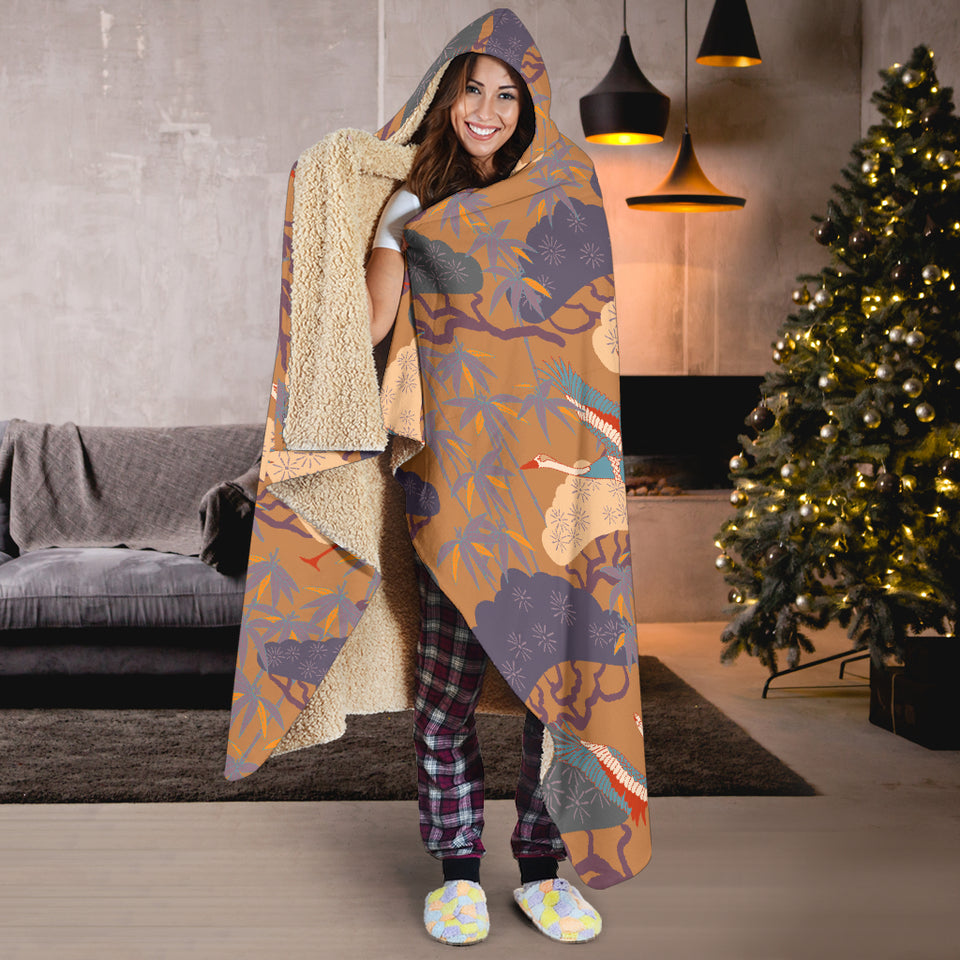 Bonsai Bamboo Stork Japanese Pattern Brown Theme Hooded Blanket