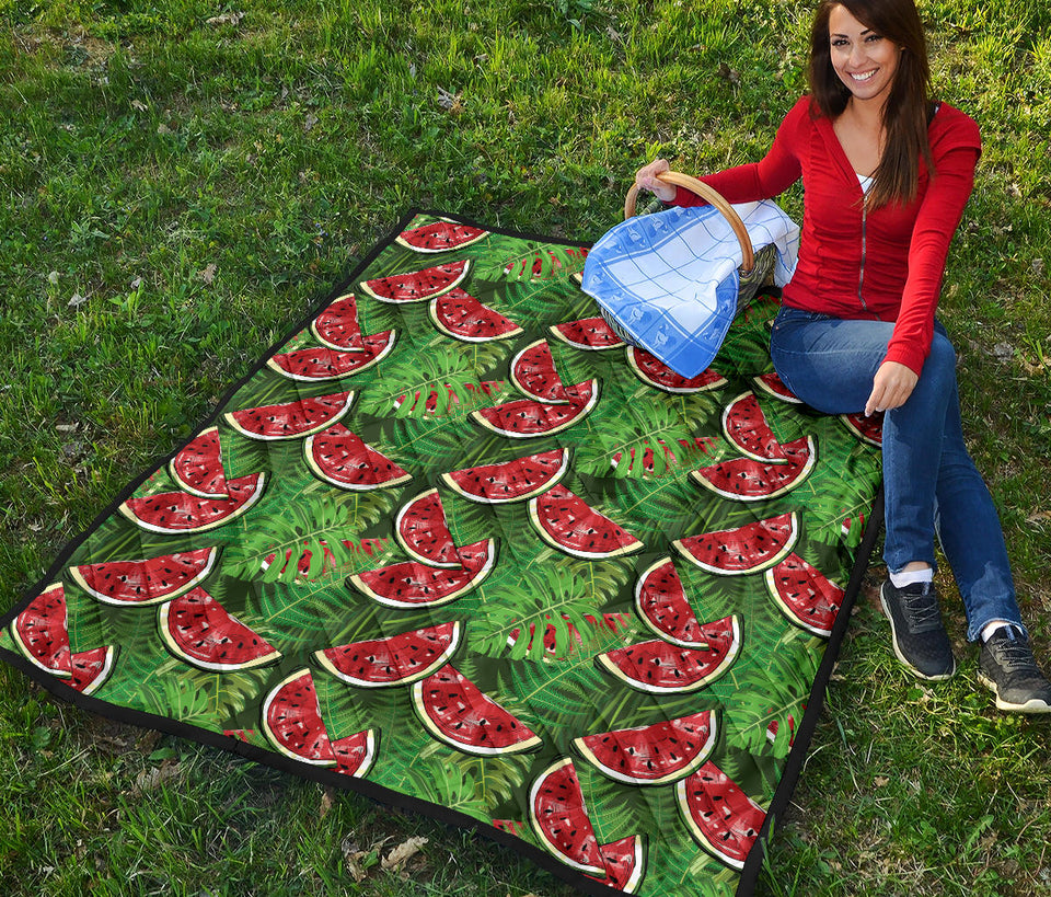 Watermelons Tropical Palm Leaves Pattern Background Premium Quilt