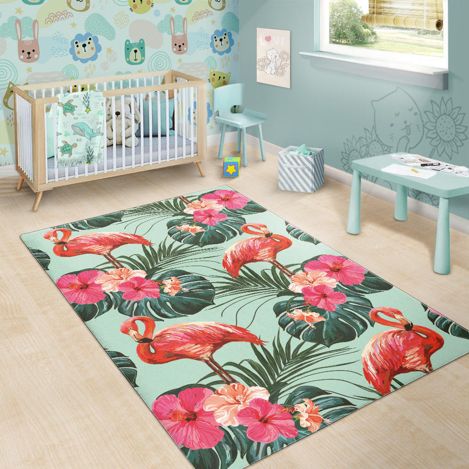 Beautiful Flamingo Tropical Palm Leaves Hibiscus Pateern Background Area Rug