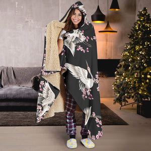 Japanese Crane Pink Sakura Pattern Hooded Blanket