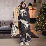 Japanese Crane Pink Sakura Pattern Hooded Blanket