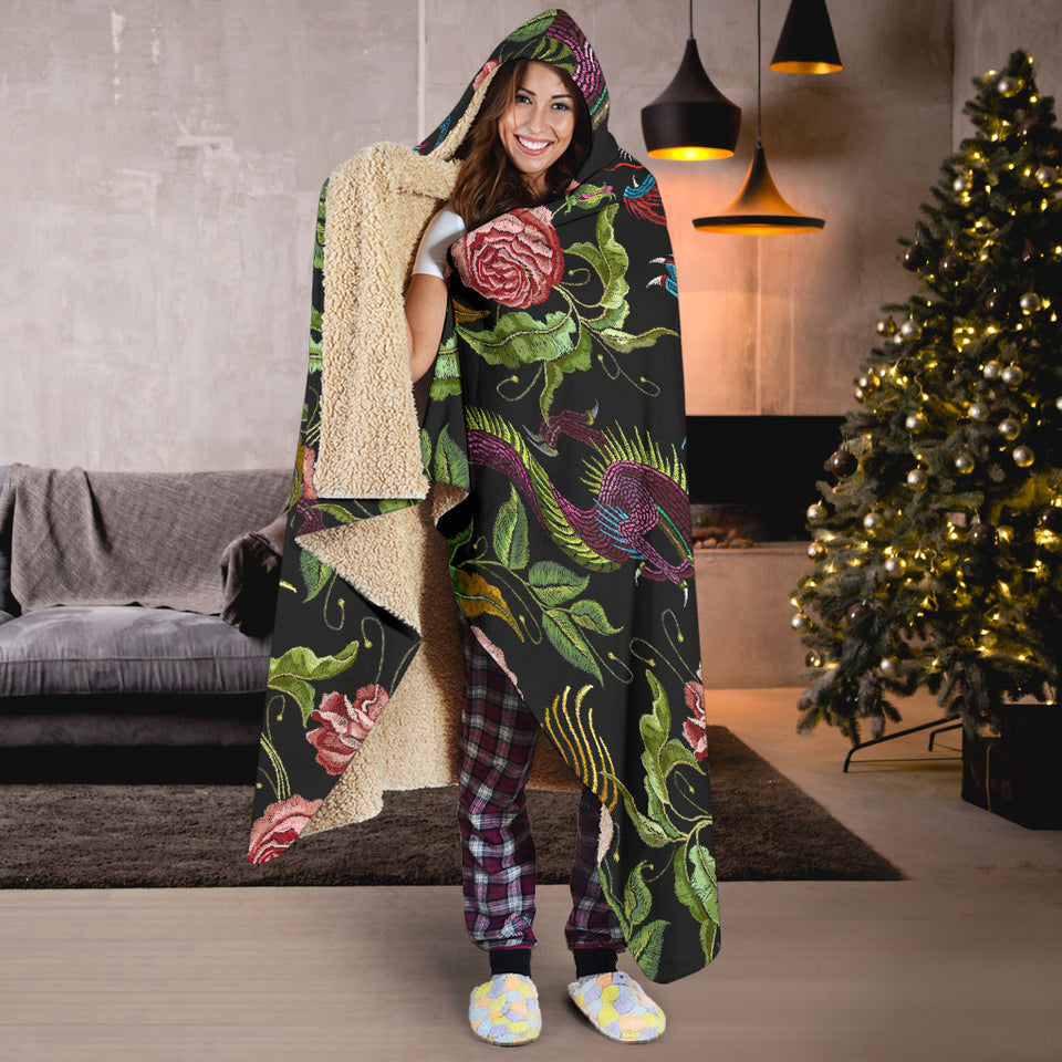 Dragons Flower Pattern Hooded Blanket