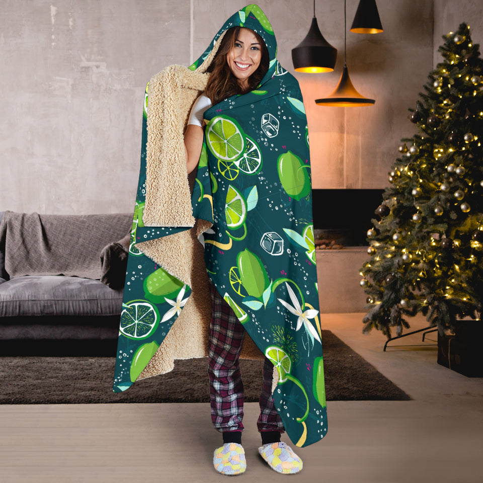 Lime Ice Flower Pattern Hooded Blanket