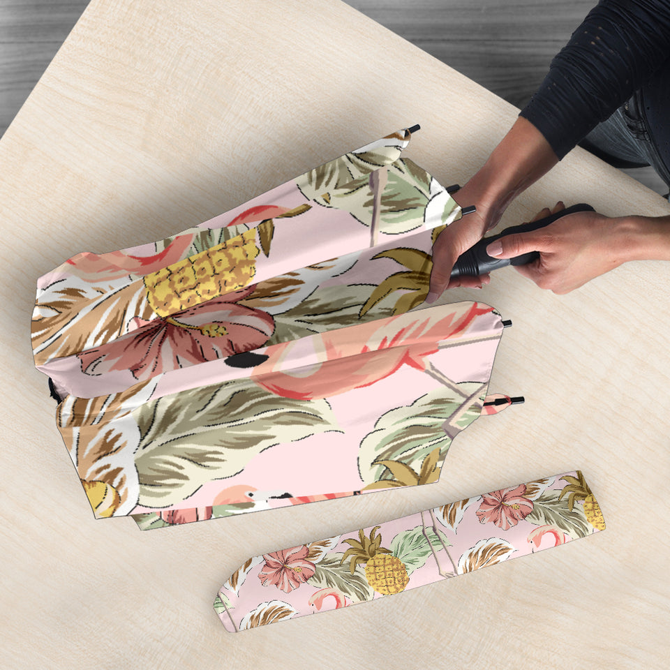 Pink Flamingo Birds Pineapples Hibiscus Flower Pattern Umbrella