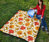 Maple Leaf Oak Leaf Acorns Beige Striped Background Premium Quilt