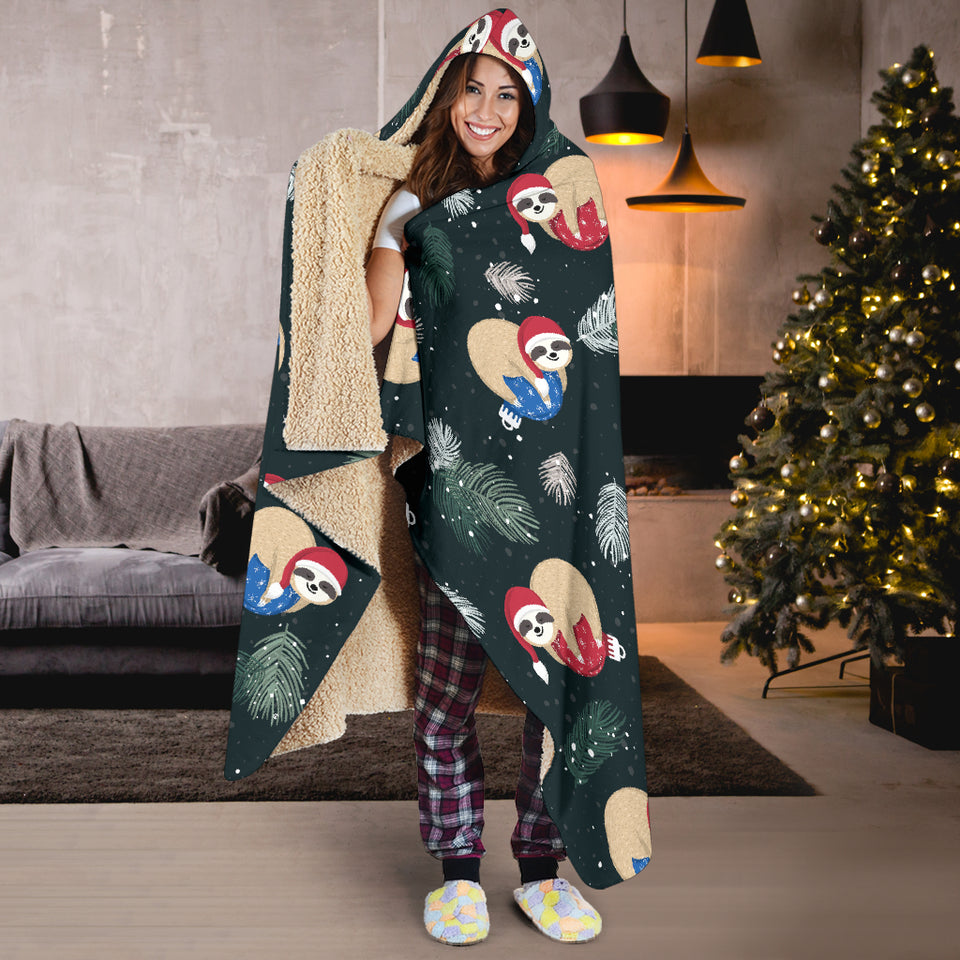 Cute Sloths Sleeping Christmas Ball Santa Hat Pattern Hooded Blanket