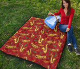 Saxophone Cornet Pattern Red Background Premium Quilt
