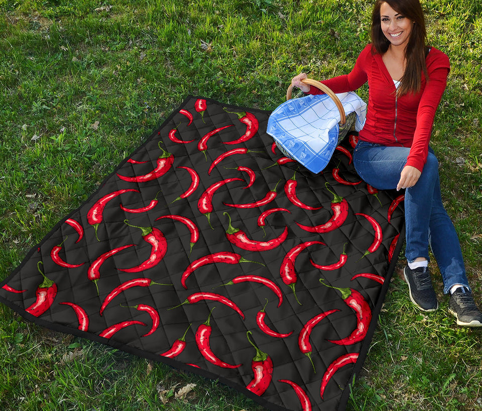 Chili Peppers Pattern Black Background Premium Quilt