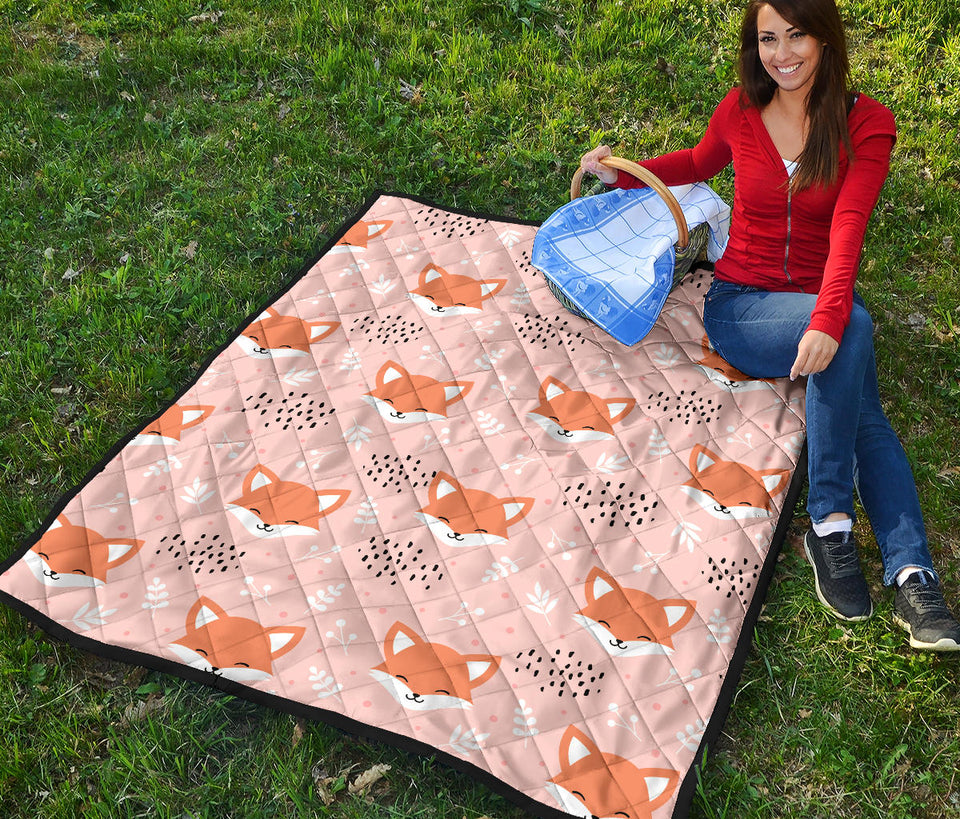 Cute Fox Pattern Pink Background Premium Quilt