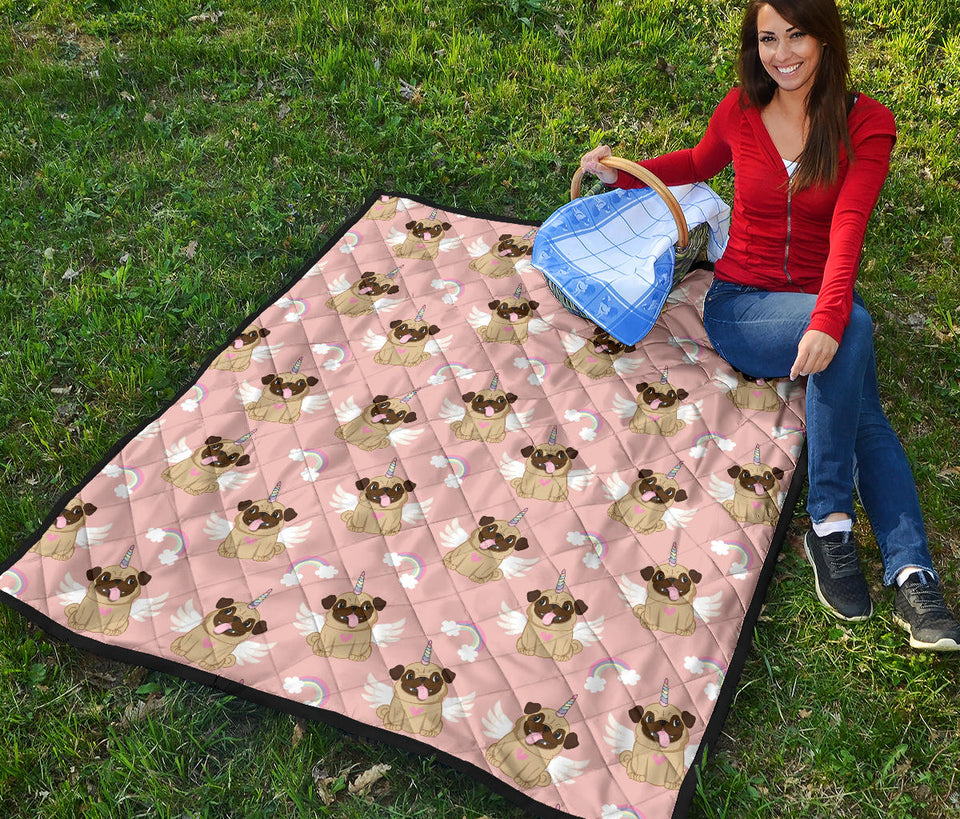 Cute Unicorn Pug Pattern Premium Quilt