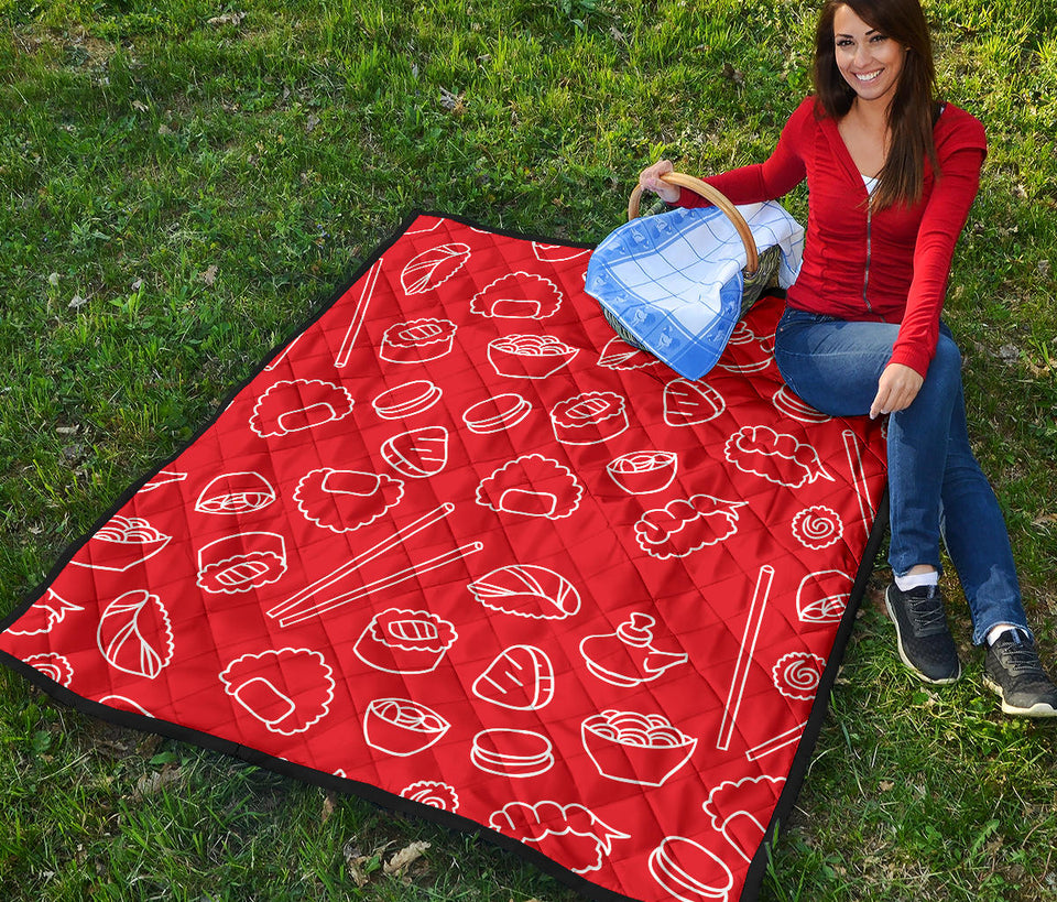 Sushi Pattern Red Background Premium Quilt