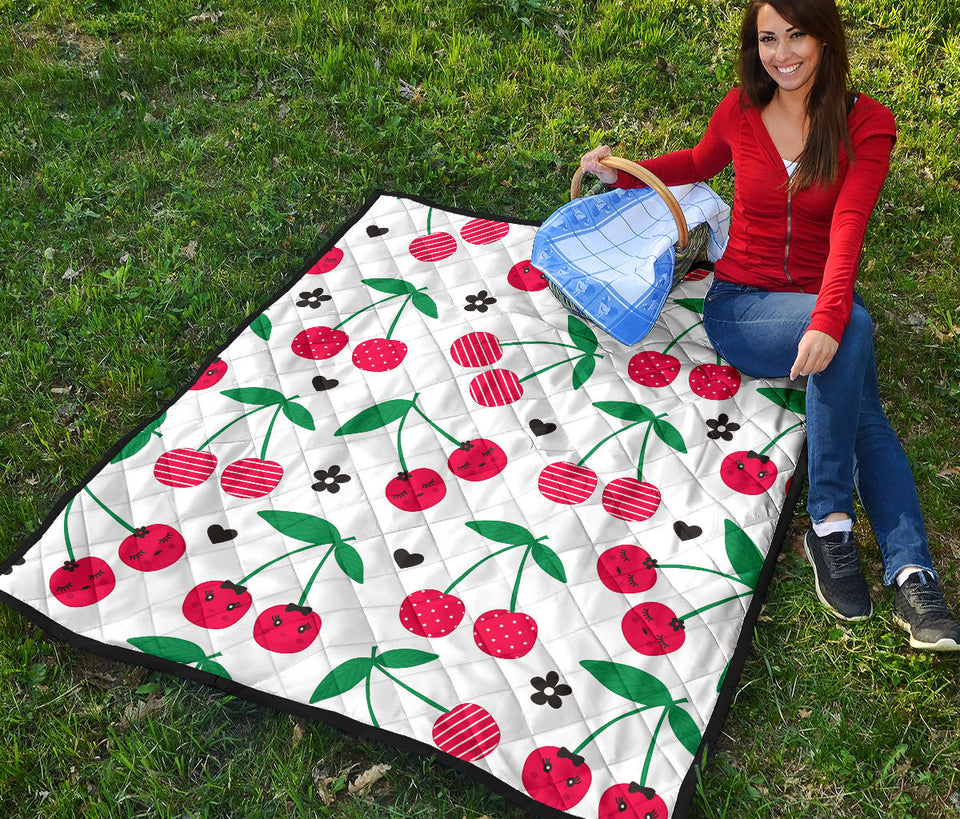 Cherry Pattern White Background Premium Quilt