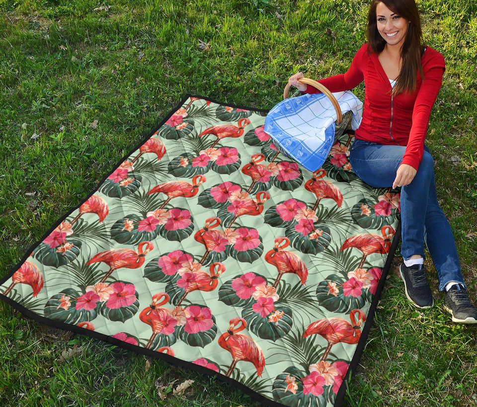 Beautiful Flamingo Tropical Palm Leaves Hibiscus Pateern Background Premium Quilt