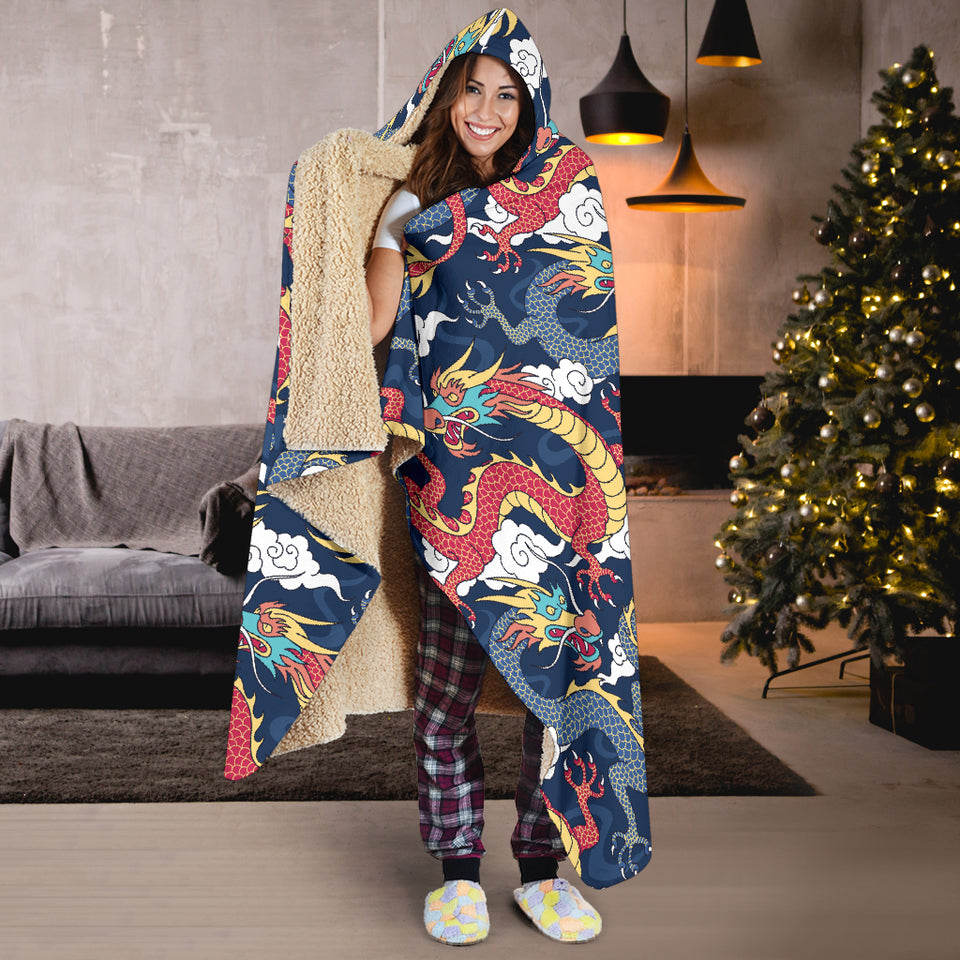 Blue Red Dragon Cloud Pattern Hooded Blanket