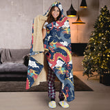 Blue Red Dragon Cloud Pattern Hooded Blanket