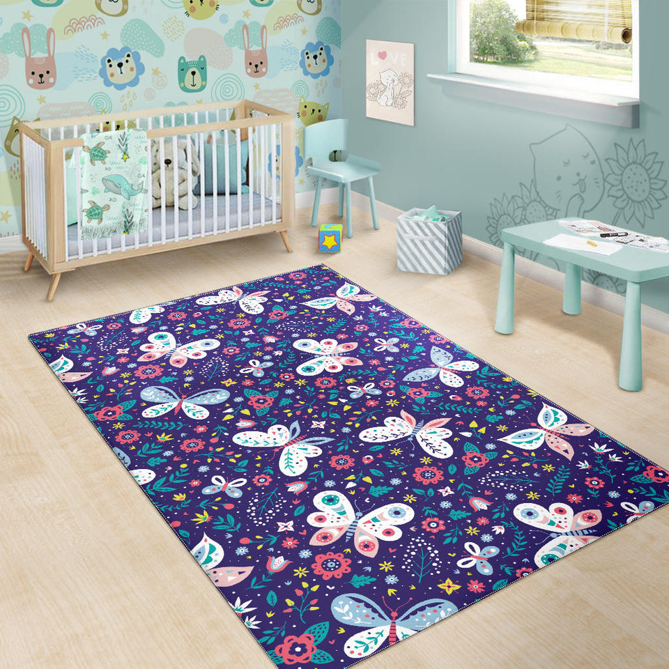 Colorful Butterfly Flower Pattern Area Rug