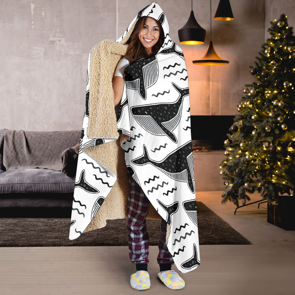Black Whale Pattern Hooded Blanket