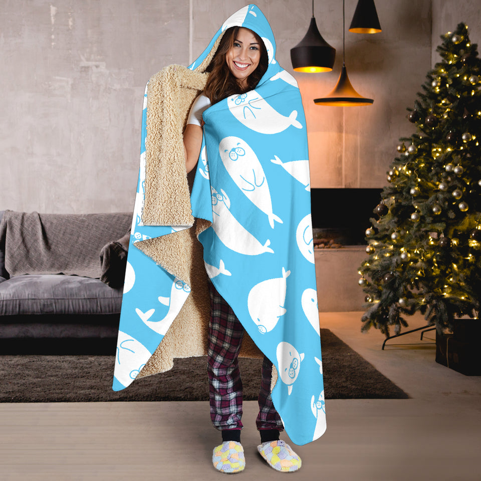 Cute White Sea Lion Seals Pattern Hooded Blanket