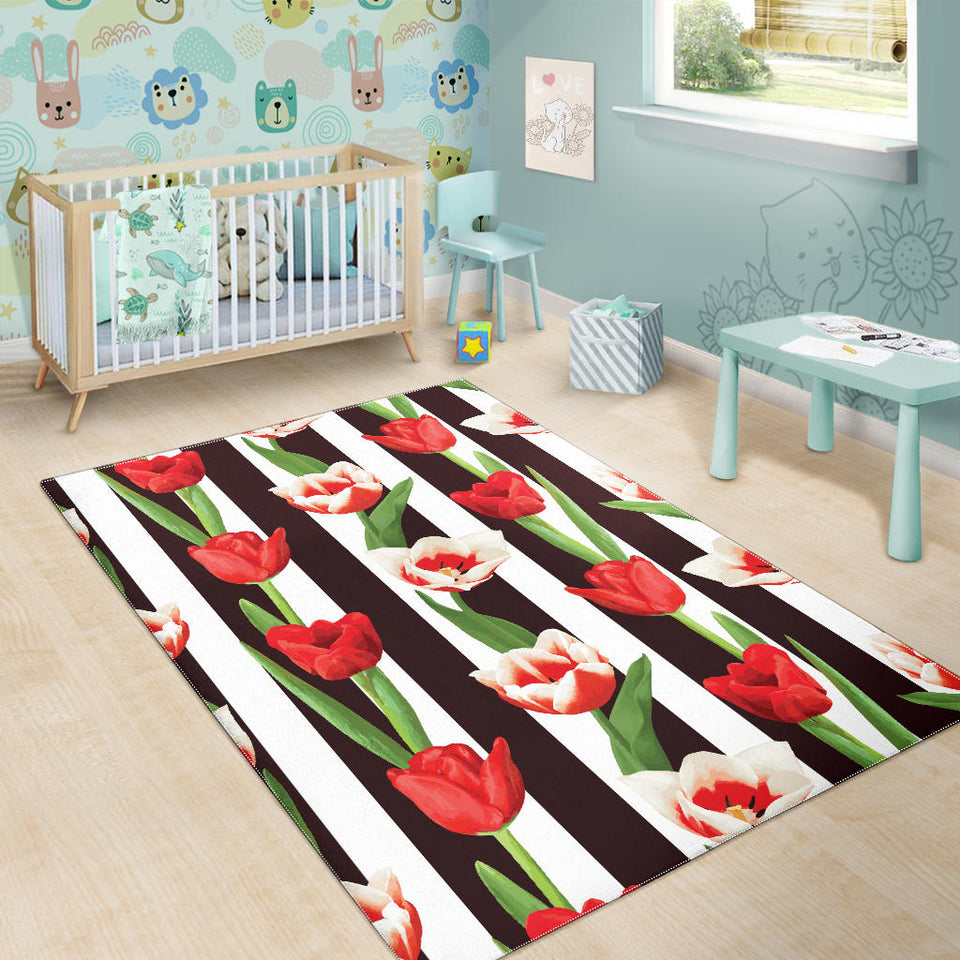 Red And White Tulips Pattern Area Rug