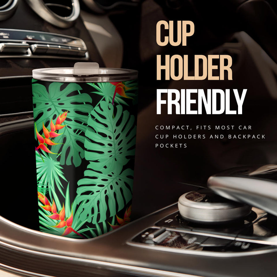 Heliconia Flower Palm Monstera Leaves Black Background Tumbler