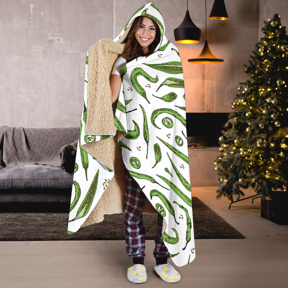 Hand Drawn Sketch Style Green Chili Peppers Pattern Hooded Blanket