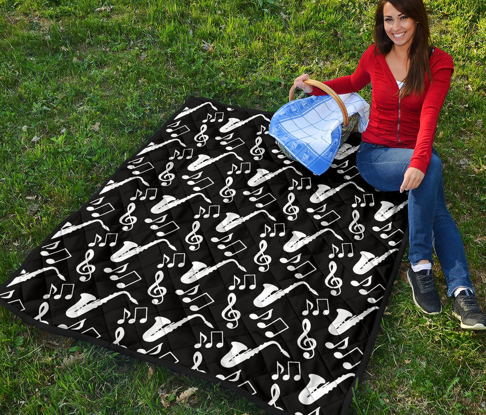 Saxophone Music Notes Treble Clef Black White Theme Premium Quilt