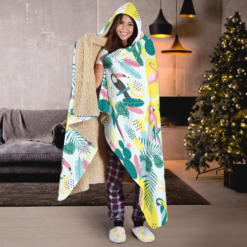 Cute Parrot Toucan Flamingo Cactus Exotic Leaves Pattern Hooded Blanket