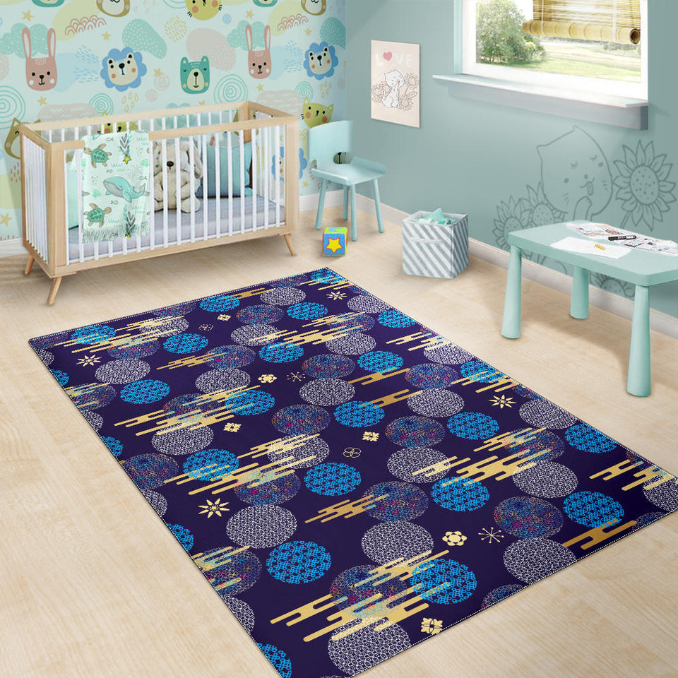 Blue Japanese Pattern Cloud Wave Flower Area Rug