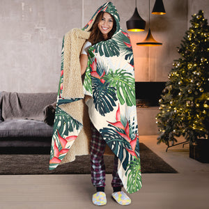 Heliconia Flowers, Palm And Monstera Leaves Hooded Blanket