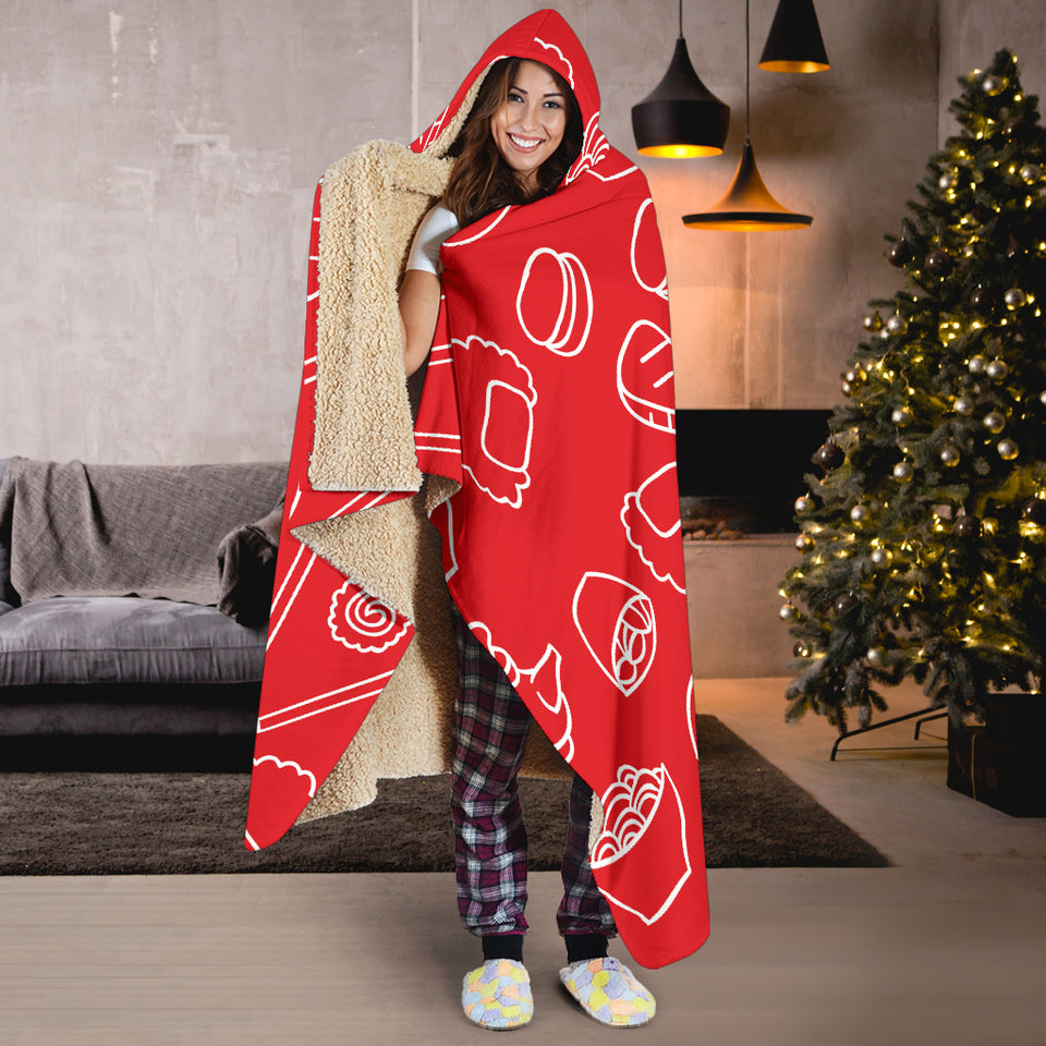 Sushi Pattern Red Background Hooded Blanket