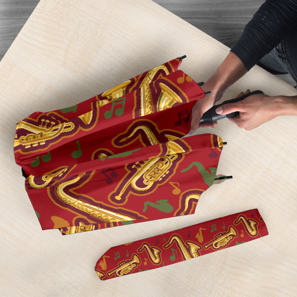 Saxophone Cornet Pattern Red Background Umbrella