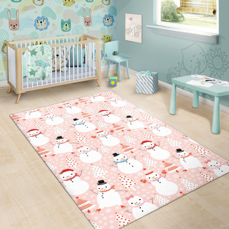 Cute Snowman Christmas Tree Snowpink Background Area Rug