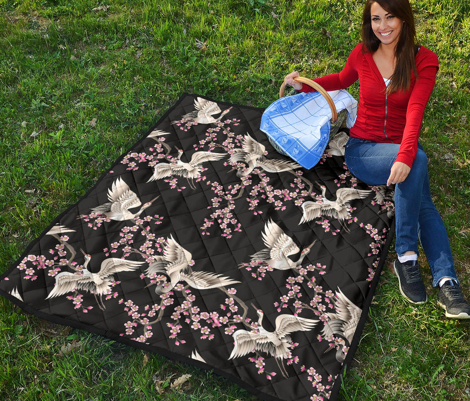 Japanese Crane Pink Sakura Pattern Premium Quilt