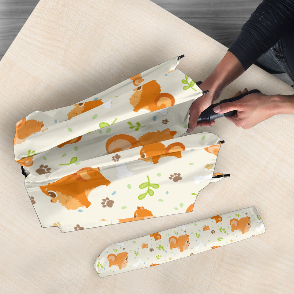 Cute Brown Pomeranian Paw Leave Bone Pattern Umbrella