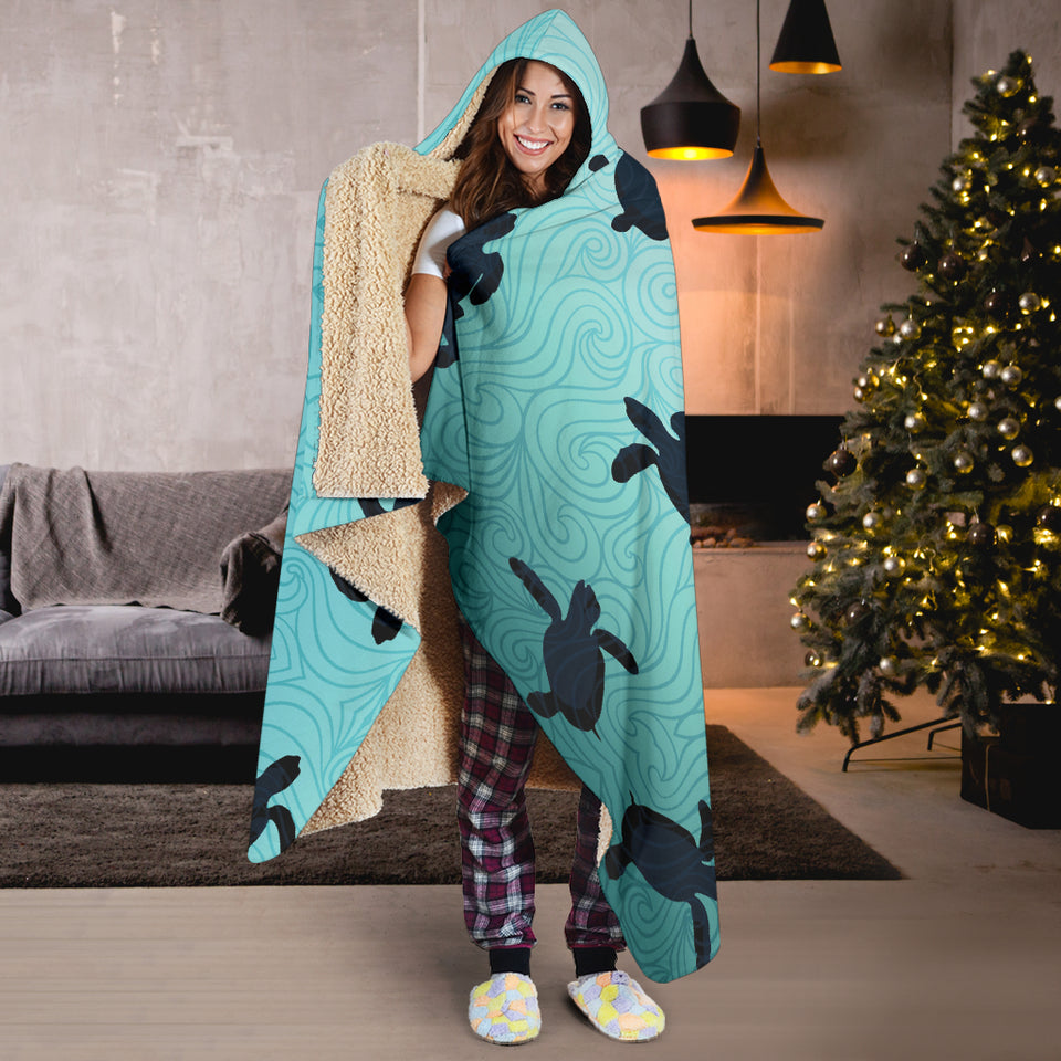 Sea Turtle With Blue Ocean Backgroud Hooded Blanket