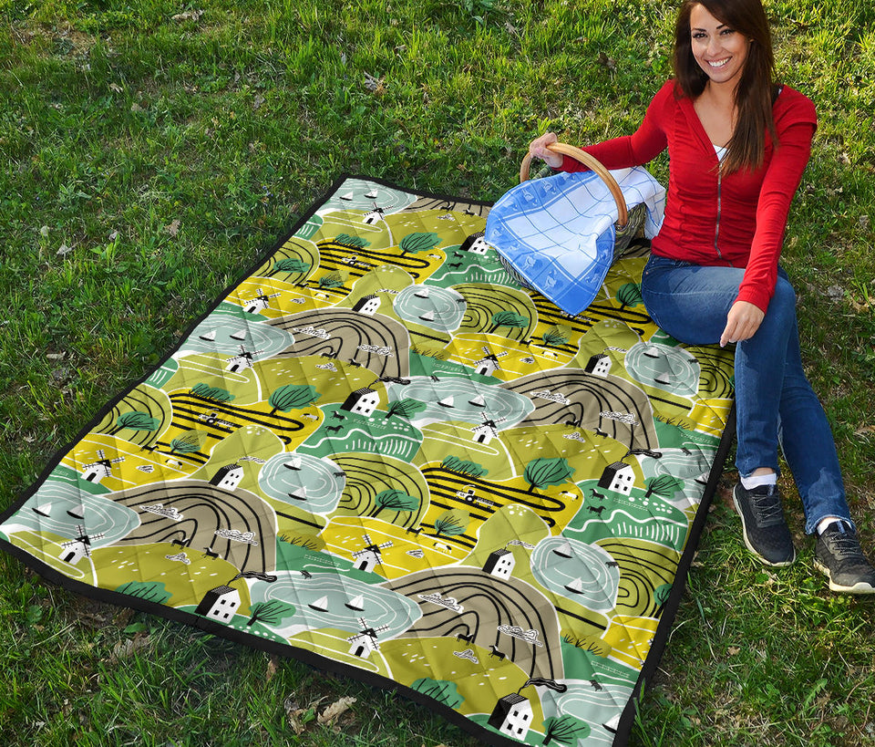 Hand Drawn Windmill Pattern Premium Quilt