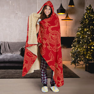 Gold Dragons Red Background Hooded Blanket