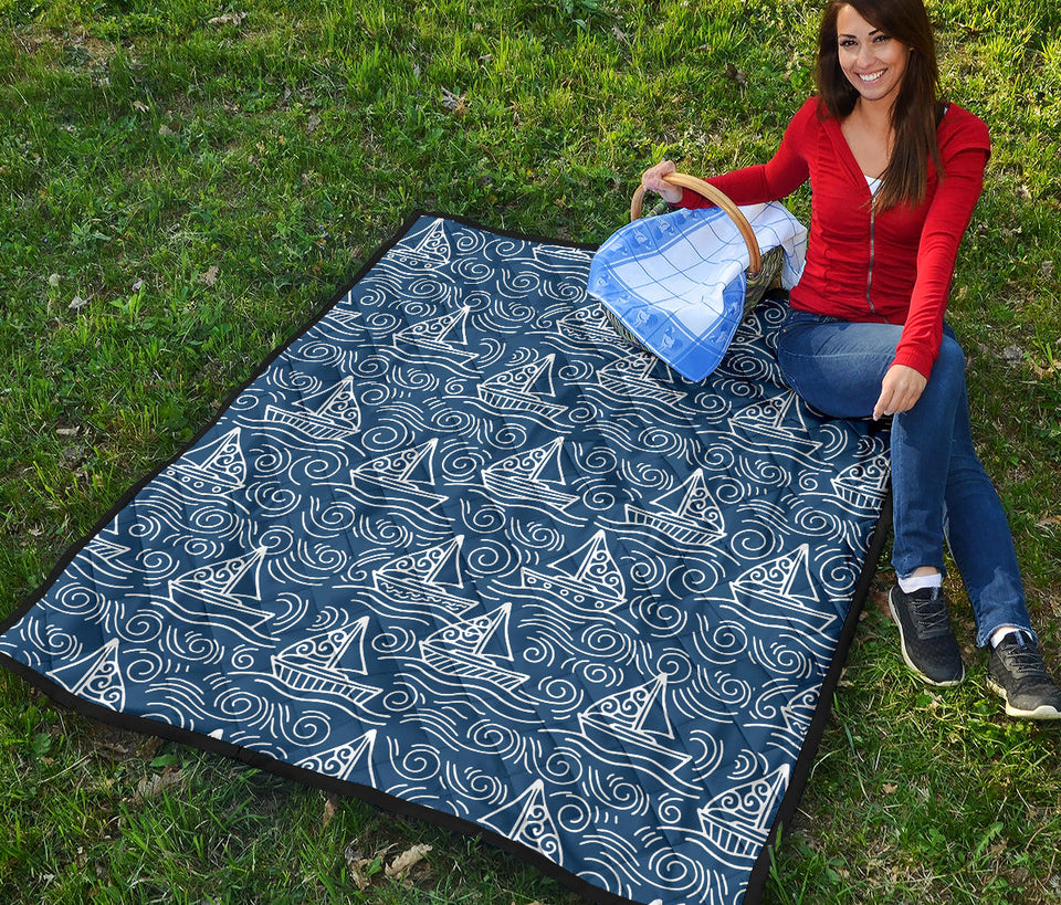 Hand Drawn Sailboat Pattern Premium Quilt