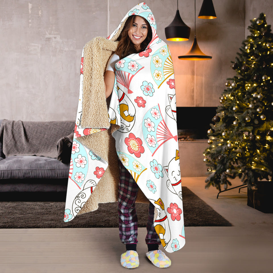 Maneki Neko Lucky Cat Fan Sakura Hooded Blanket