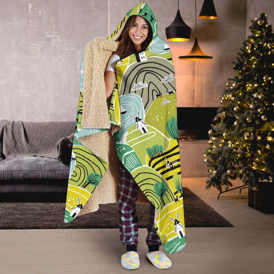 Hand Drawn Windmill Pattern Hooded Blanket