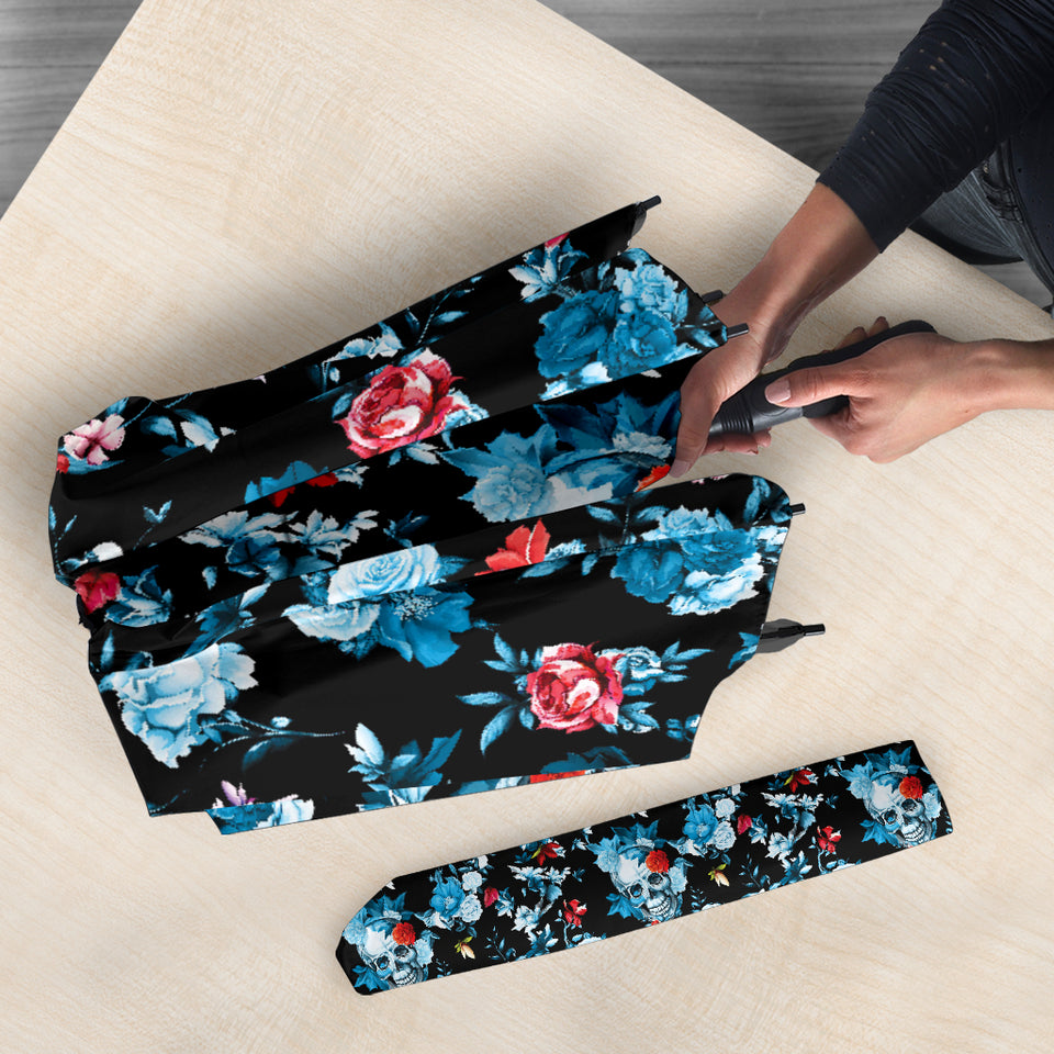 Skull Flower Roses Leave Pattern Umbrella