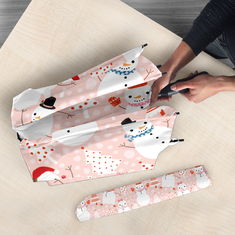 Cute Snowman Christmas Tree Snowpink Background Umbrella