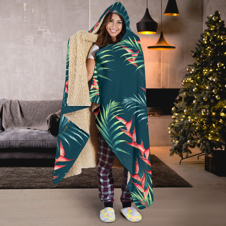 Heliconia Flowers, Palm And Monstera Leaves On Black Background Pattern Hooded Blanket