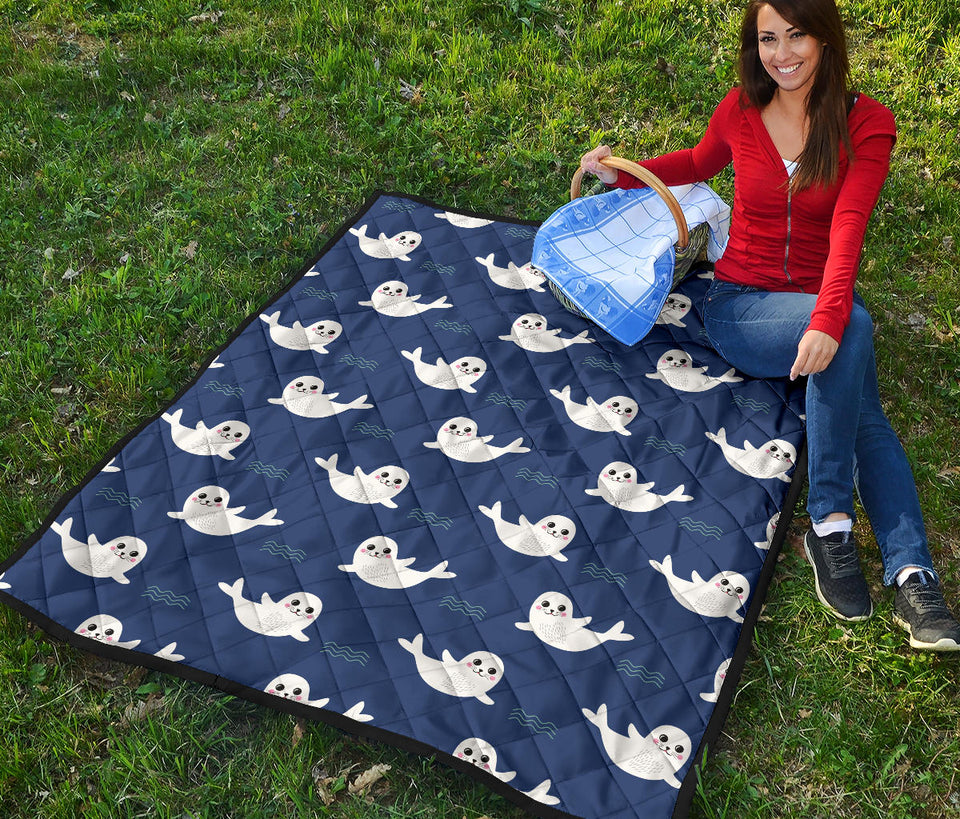 Cute White Baby Sea Lion Seal Pattern Premium Quilt