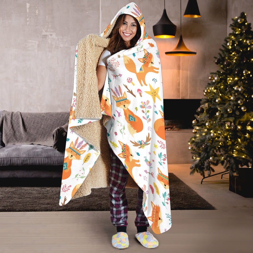 Cute Tribal Fox Pattern Hooded Blanket