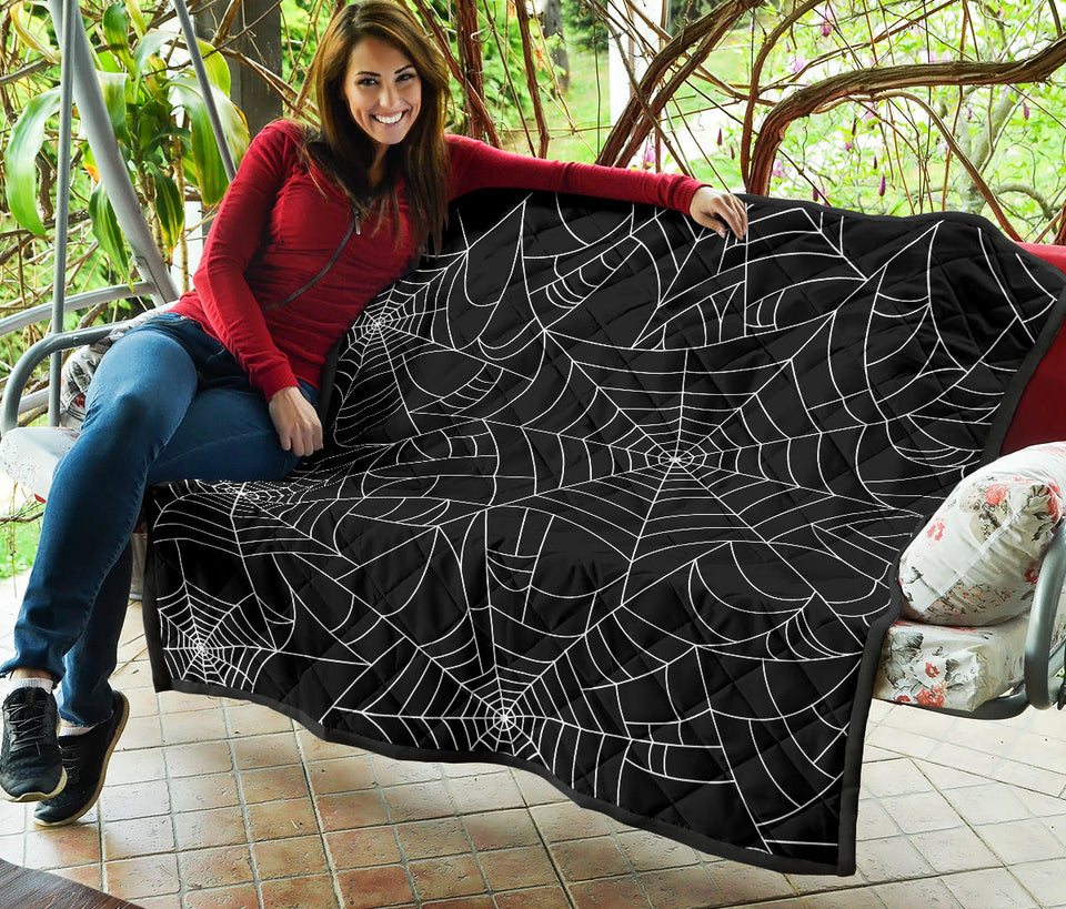 Spider Web Pattern Black Background White Cobweb Premium Quilt