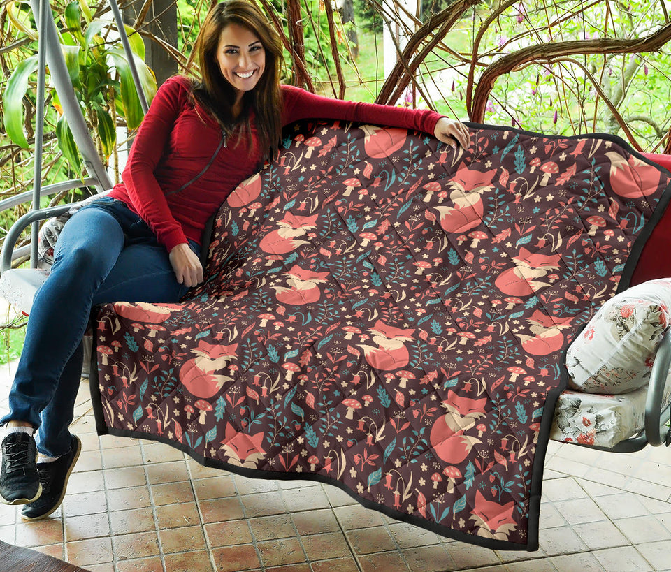 Fox Leaves Mushroom Pattern Premium Quilt