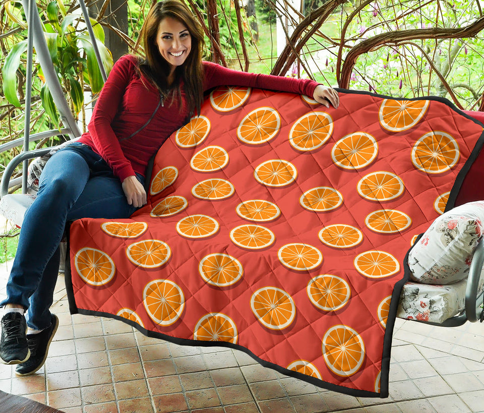 Oranges Pattern Red Background Premium Quilt